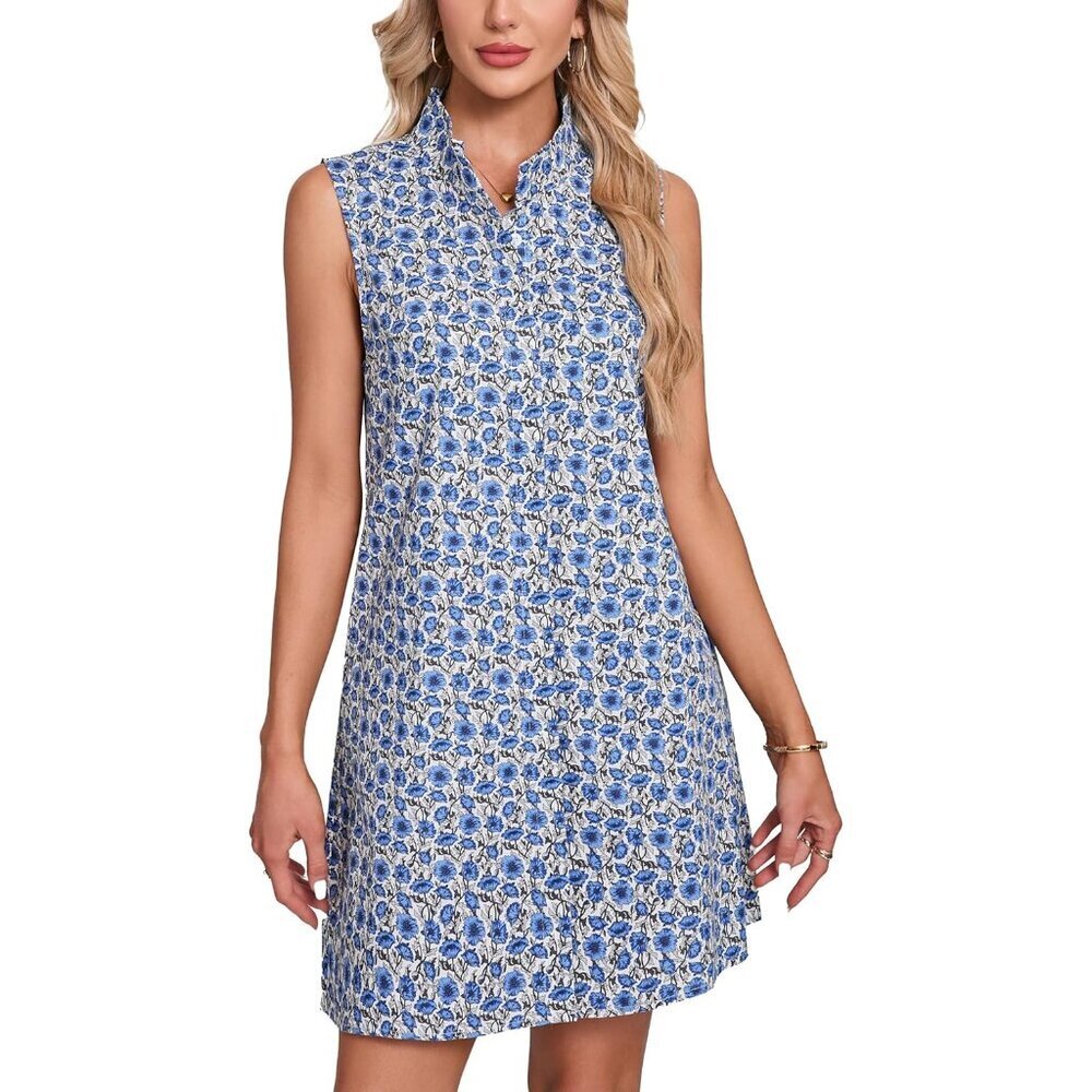 Women's Floral Cotton Mini Dress Sleeveless Button Down Casual Summer